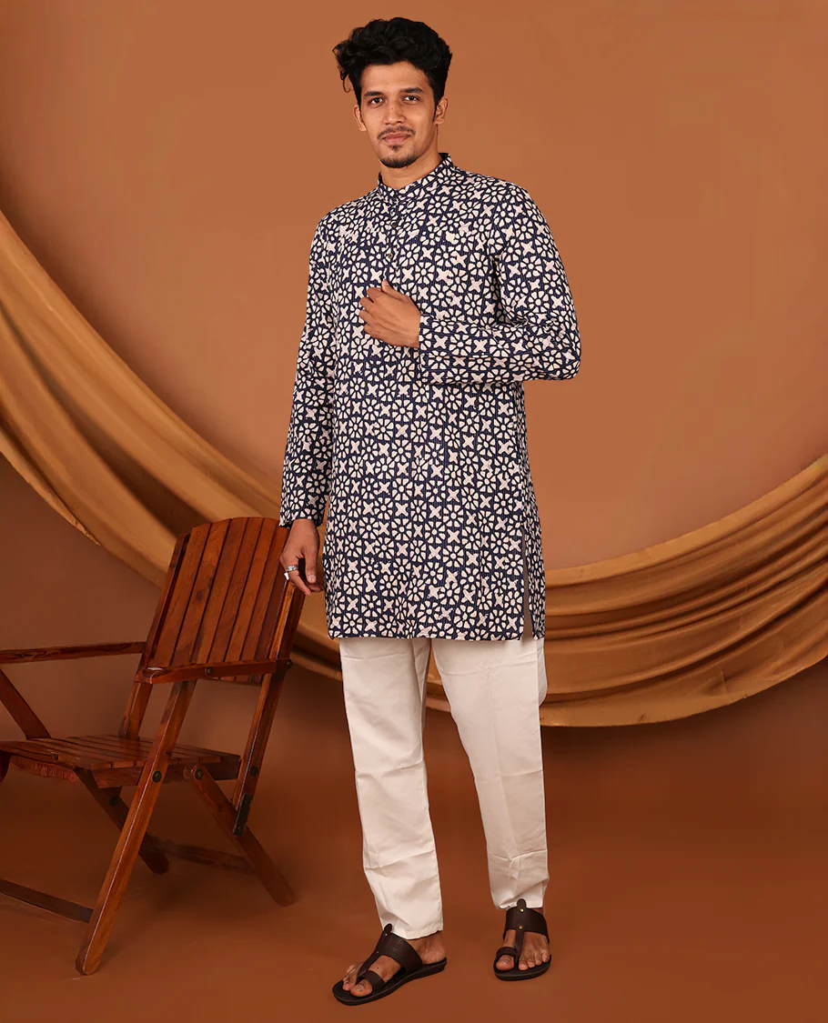 Blue Batik-Style Printed Full-Sleeved Men's Kurta