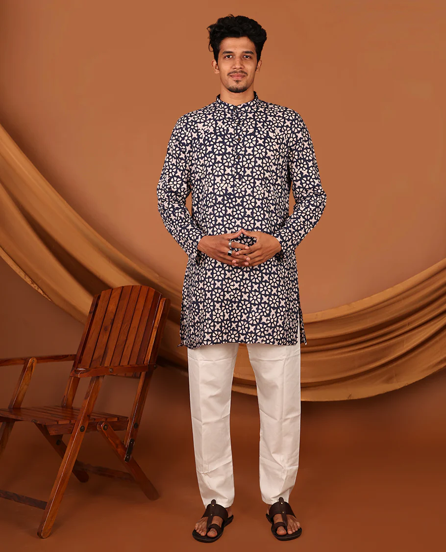 Blue Batik-Style Printed Full-Sleeved Men's Kurta - Image 6