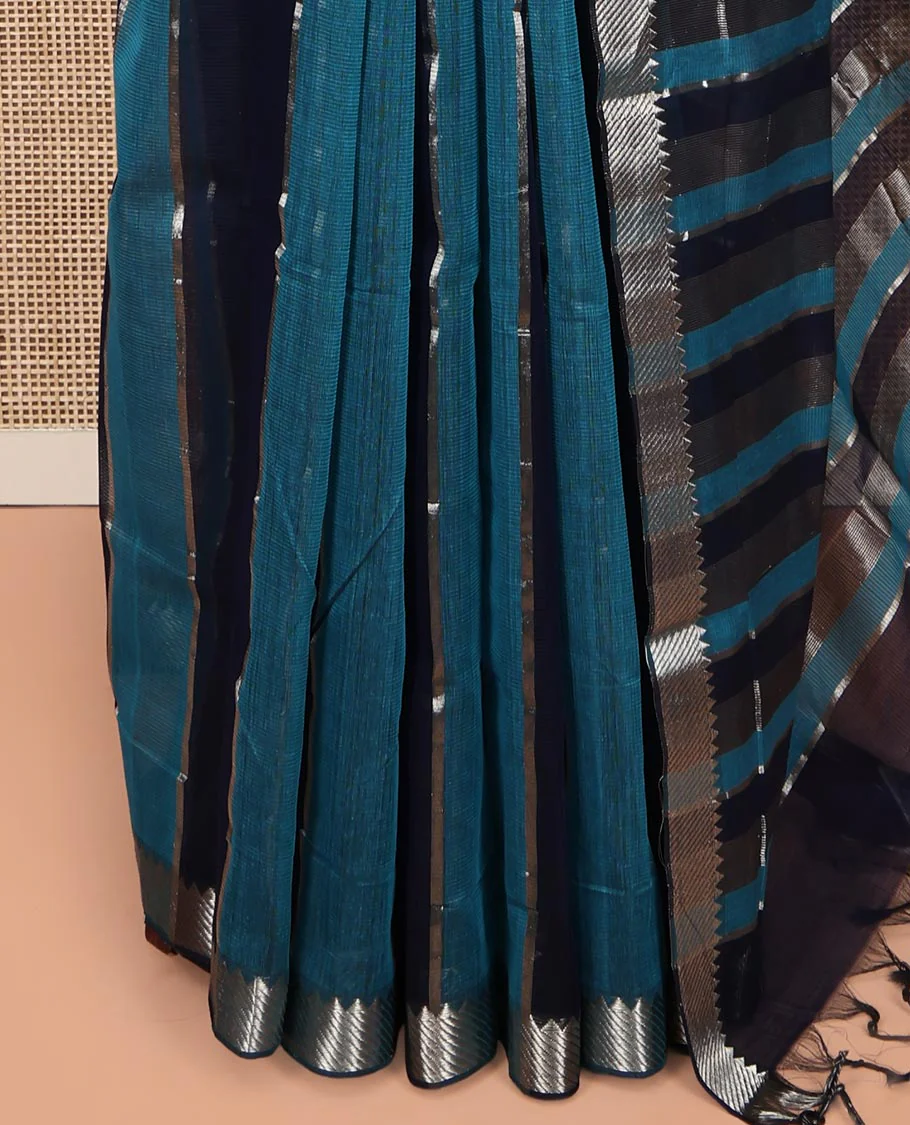 Blue Mangalgiri Cotton Saree, Gleamed Up with Stripes on Its Body, Highlighted by Zari Temple Border, Zari-Striped Pallu, and Paired with a Matching Blouse - Image 3