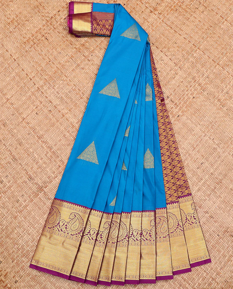 Blue Budget Silk Saree, Accentuated with Triangle Buttas All Over Its Body, Complemented by a Contrast Traditional Zari Design Border, Grand Jaal Pallu, and Paired with a Contrast Blouse - Image 2