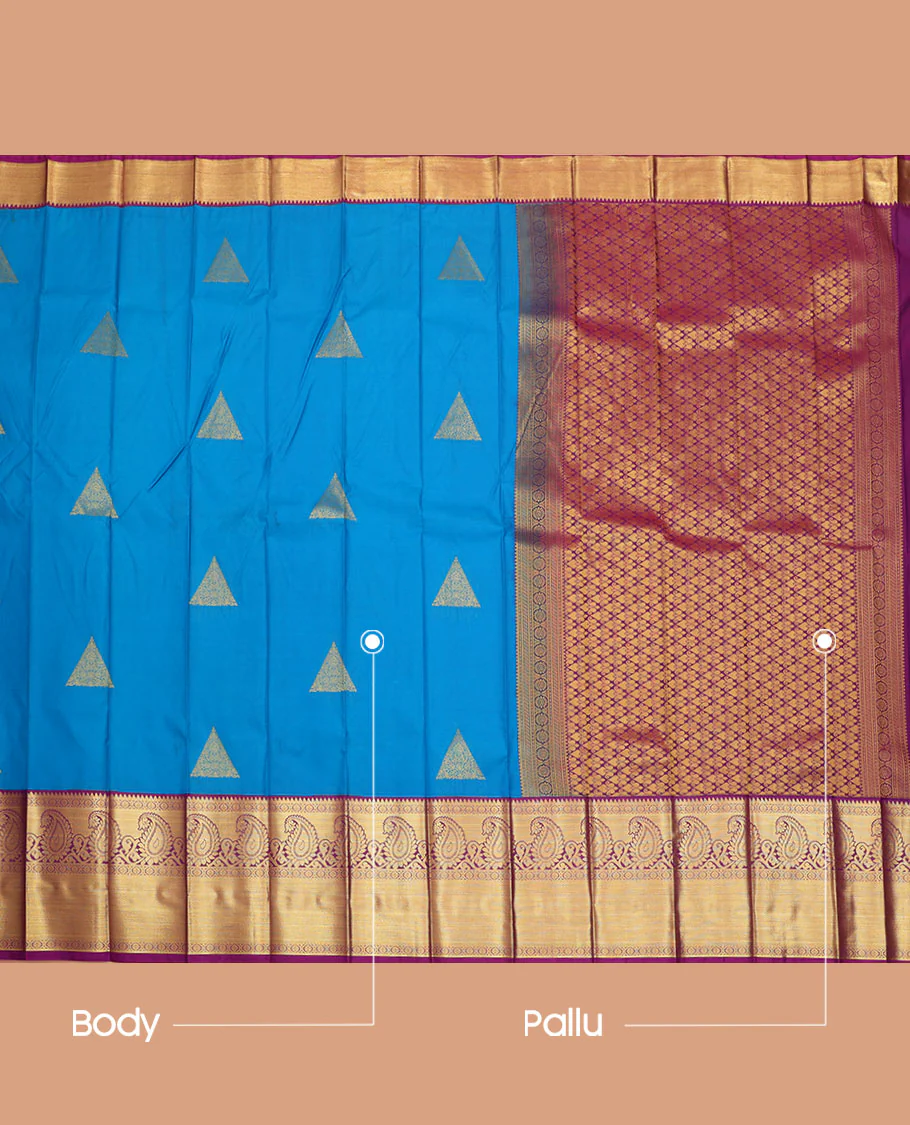 Blue Budget Silk Saree, Accentuated with Triangle Buttas All Over Its Body, Complemented by a Contrast Traditional Zari Design Border, Grand Jaal Pallu, and Paired with a Contrast Blouse - Image 3
