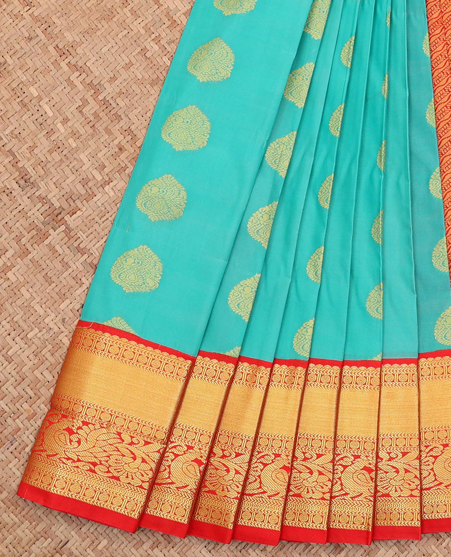 Blue Budget Silk Saree, Accentuated with Zari Buttas All Over Its Body, Complemented by a Contrast Traditional Zari Design Border, Grand Pallu, and Paired with a Contrast Blouse