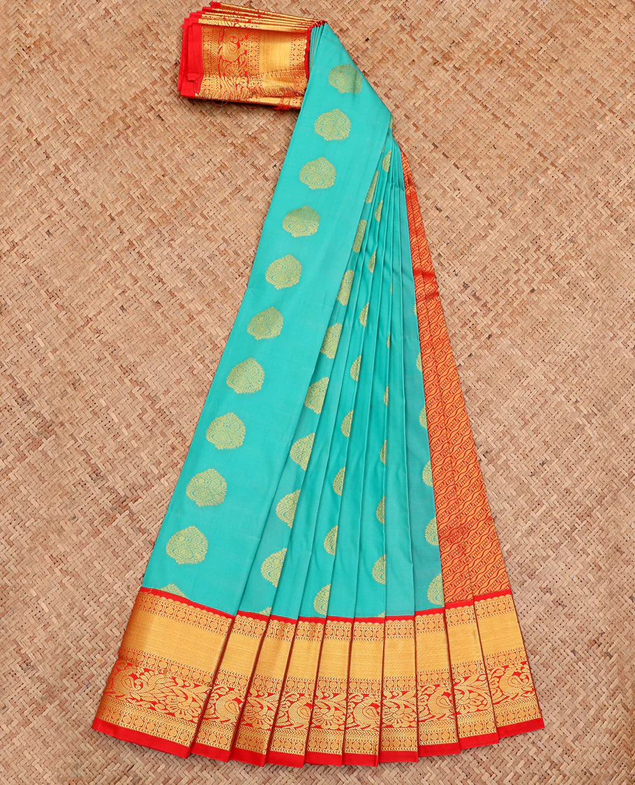 Blue Budget Silk Saree, Accentuated with Zari Buttas All Over Its Body, Complemented by a Contrast Traditional Zari Design Border, Grand Pallu, and Paired with a Contrast Blouse - Image 2