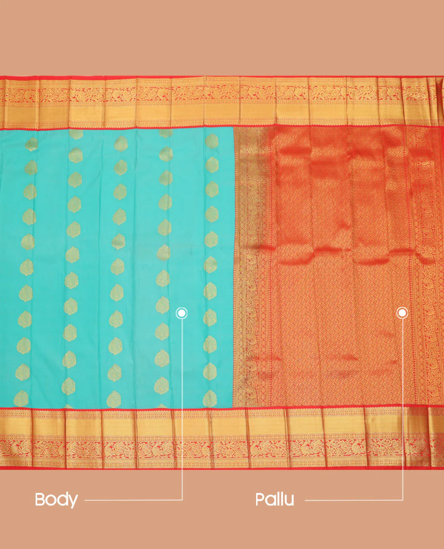 Blue Budget Silk Saree, Accentuated with Zari Buttas All Over Its Body, Complemented by a Contrast Traditional Zari Design Border, Grand Pallu, and Paired with a Contrast Blouse - Image 3