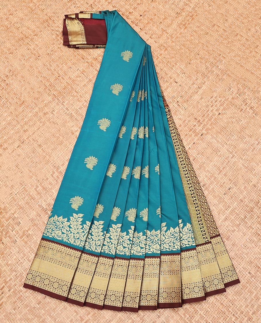 Blue Budget Silk Saree, Accentuated with Zari Buttas, Complemented by a Contrast Traditional Zari Border, Jaal Pallu, and a Contrast Blouse - Image 2