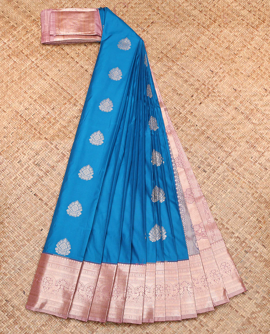 Blue Budget Silk Saree, Accentuated with Zari Buttas, Complemented by a Contrast Traditional Zari Border, Pallu of Intricate Designs, and a Contrast Blouse - Image 2