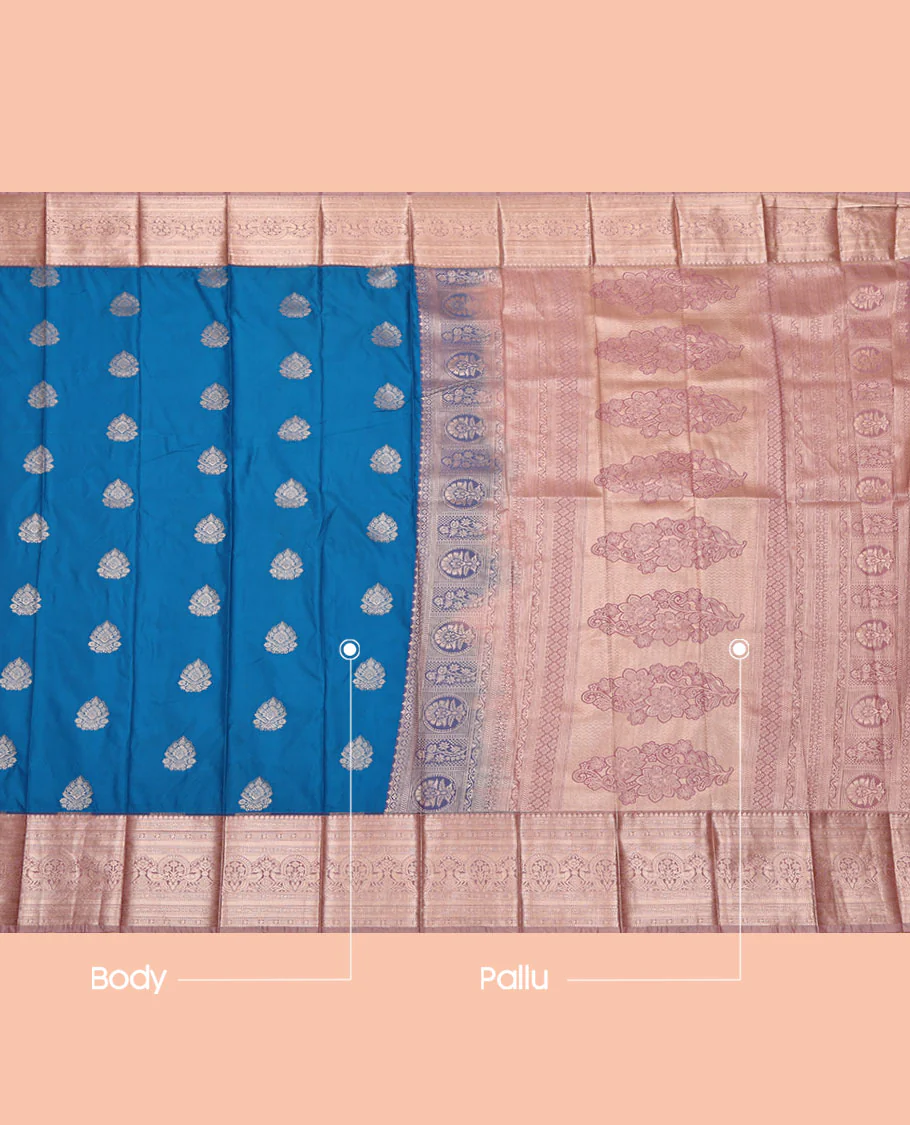 Blue Budget Silk Saree, Accentuated with Zari Buttas, Complemented by a Contrast Traditional Zari Border, Pallu of Intricate Designs, and a Contrast Blouse - Image 3