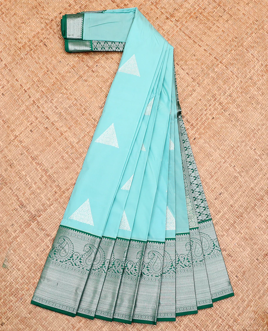 Blue Budget Silk Saree, Adorned with Buttas All Over Its Body, Complemented by a Contrast Traditional Zari Design Border, Grand Pallu, and Paired with a Contrast Blouse - Image 2
