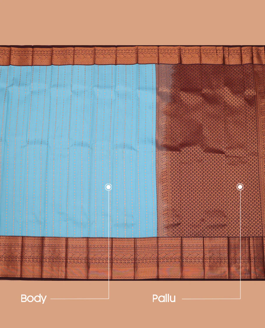 Blue Budget Silk Saree, Adorned with Buttas and Stripes All Over Its Body, Complemented by a Contrast Traditional Zari Design Border, Grand Pallu, and Paired with a Contrast Blouse - Image 3