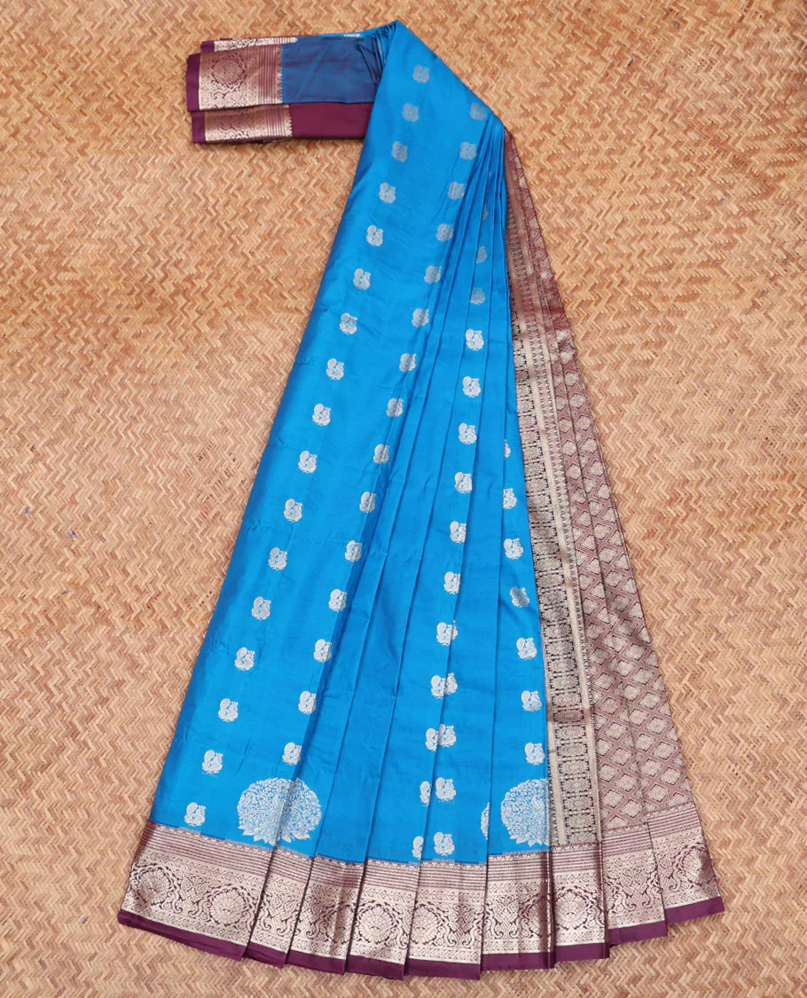Blue Budget Silk Saree, Adorned with Peacock Buttas All Over Its Body, Complemented by a Contrast Border of Traditional Zari Designs, Grand Pallu of Jaal Designs, and Paired with a Contrast Blouse - Image 2