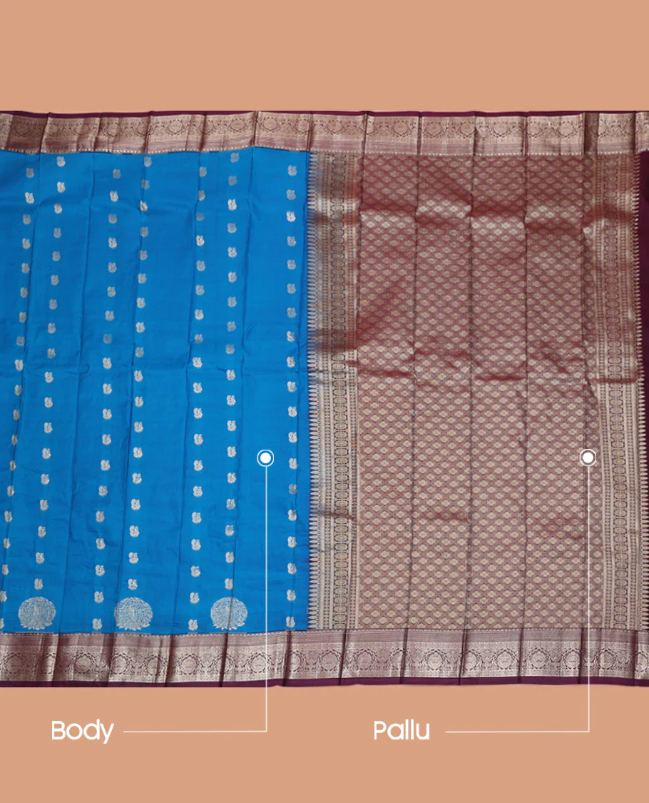 Blue Budget Silk Saree, Adorned with Peacock Buttas All Over Its Body, Complemented by a Contrast Border of Traditional Zari Designs, Grand Pallu of Jaal Designs, and Paired with a Contrast Blouse - Image 3