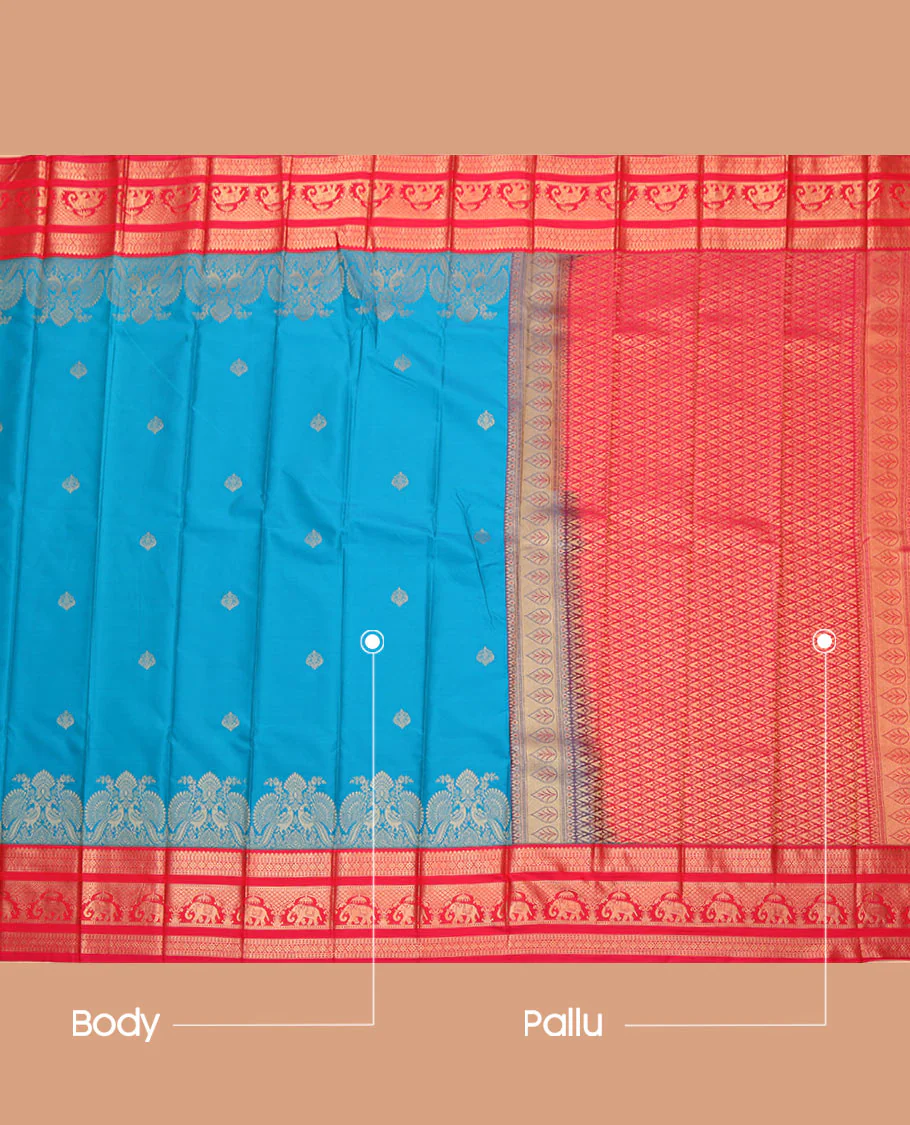 Blue Budget Silk Saree, Adorned with Zari Buttas All Over Its Body, Complemented by a Contrast Traditional Border of Elephant Motifs, Grand Jaal Pallu, and Paired with a Contrast Blouse - Image 3