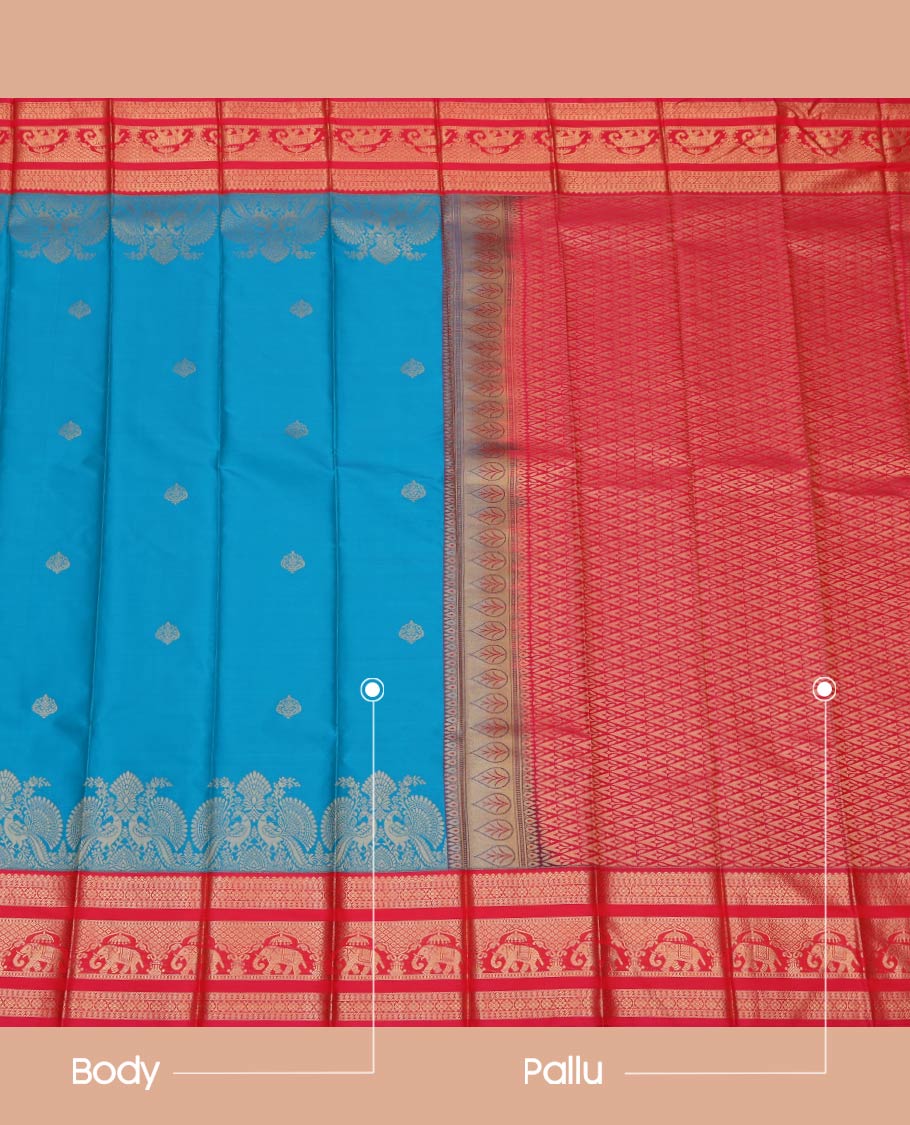 Blue Budget Silk Saree, Adorned with Zari Buttas All Over Its Body, Complemented by a Contrast Traditional Zari Design Border, Grand Pallu of Jaal Designs, and Paired with a Contrast Blouse - Image 3