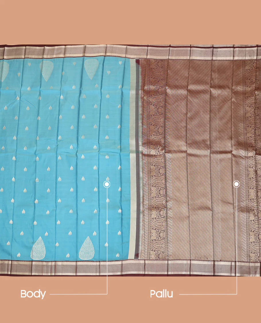 Blue Budget Silk Saree, Adorned with Zari Buttas All Over Its Body, Complemented by Contrast Traditional Zari Designs Woven Border, Grand Pallu, and Paired with a Contrast Blouse - Image 3