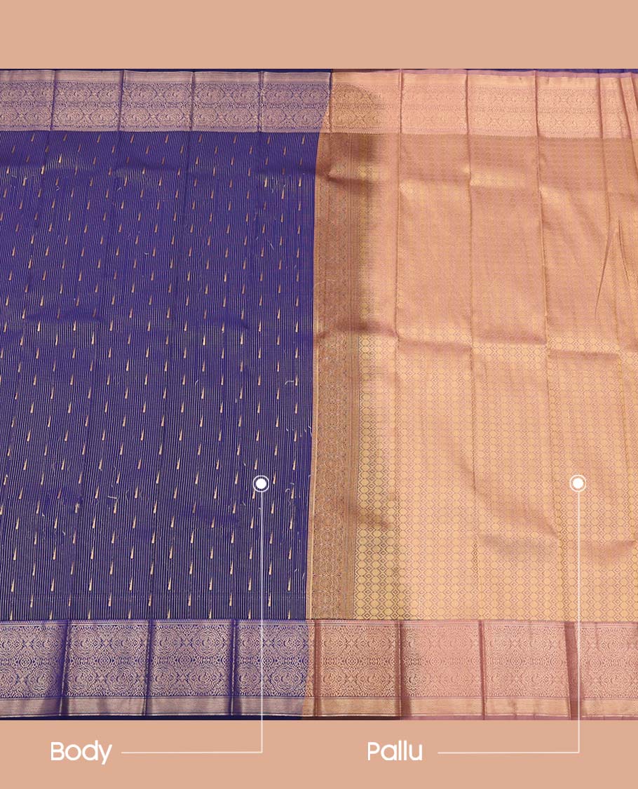 Blue Budget Silk Saree, Adorned with Zari Buttas and Stripes All Over Its Body, Highlighted by Traditional Zari Border, Intricate Pallu and Paired with a Contrast Blouse - Image 3