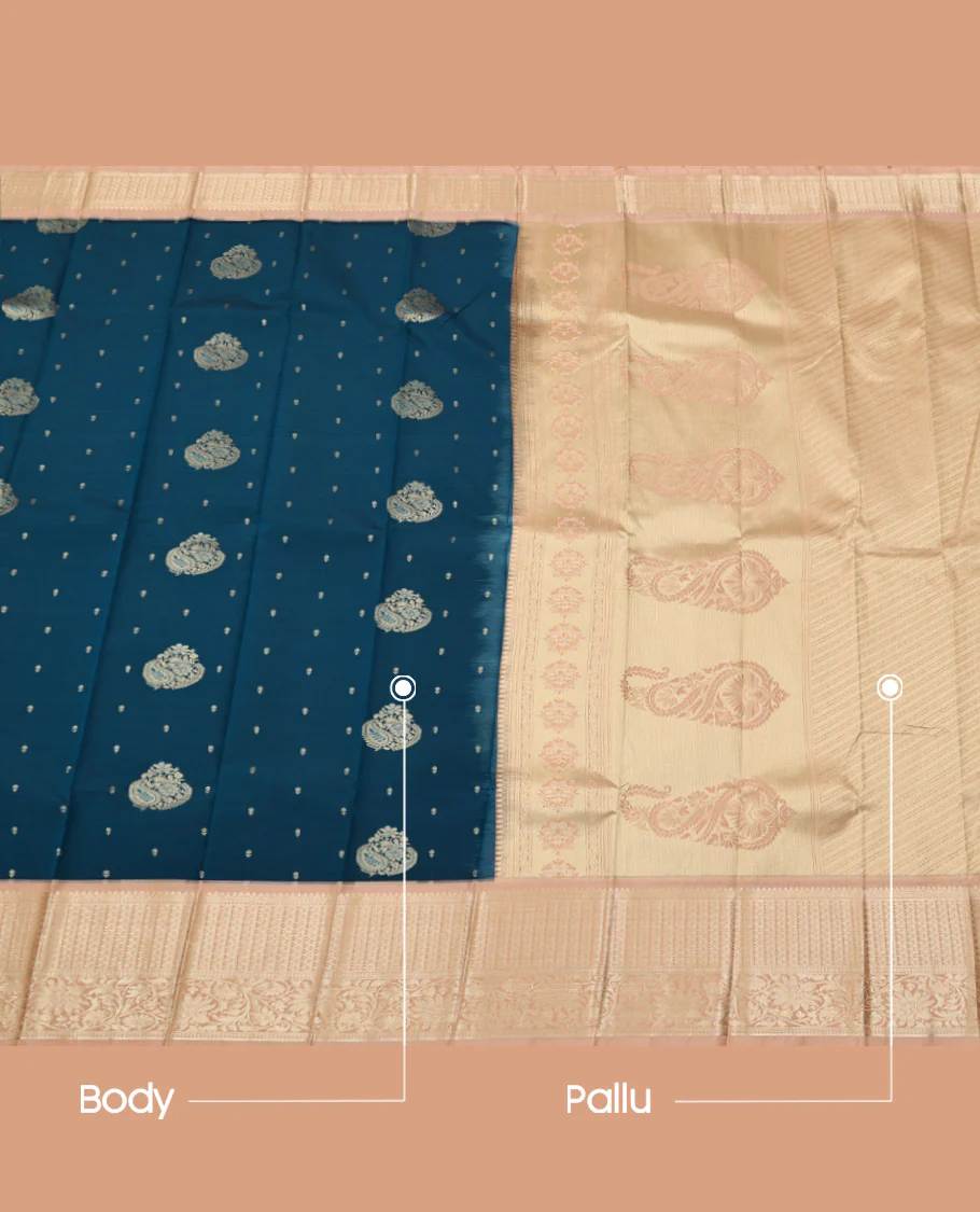 Blue Budget Silk Saree, Adorned with Zari Buttas on Its Body, Complemented by a Contrast Traditional Zari Design Border, Grand Paisley Design Pallu, and Paired with a Contrast Blouse - Image 3
