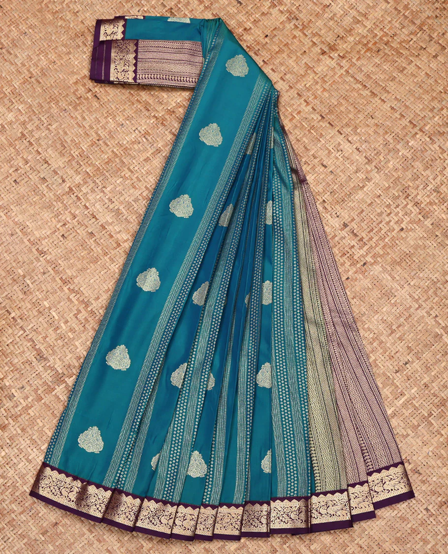 Blue Budget Silk Saree, Adorned with Zari Designs on Its Body, Complemented by a Contrast Traditional Zari Design Border, Geometric-Patterned Pallu, and Paired with a Contrast Blouse - Image 2