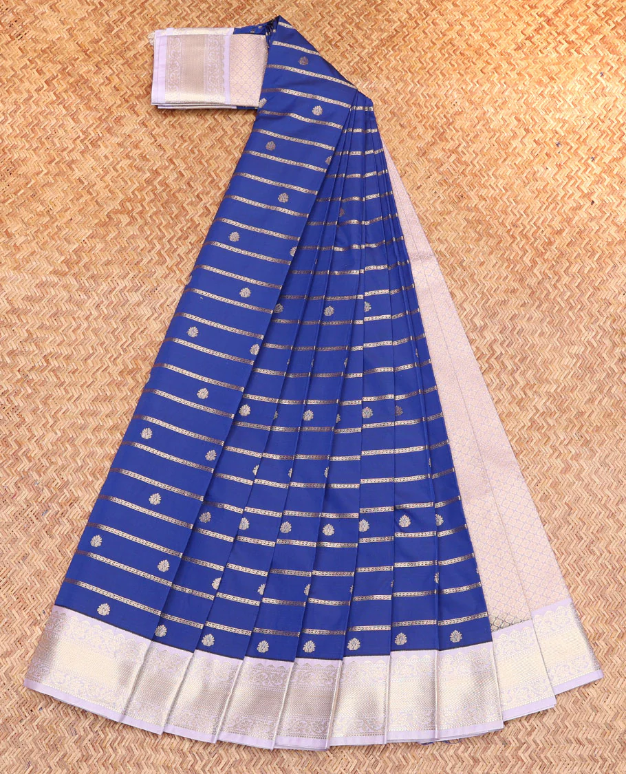 Blue Budget Silk Saree, Artfully Detailed with Zari Buttas and Stripes, Complemented by a Contrast Traditional Border, Jaal Pallu, and a Contrast Blouse - Image 2