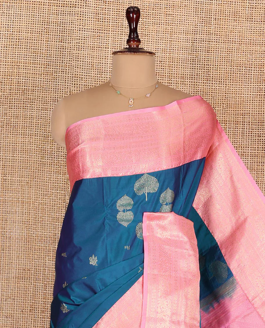 Blue Budget Silk Saree, Beautified with Tree Zari Buttas on Its Body, Complemented by a Contrast Traditional Zari Design Border, Pallu of Intricate Designs, and Paired with a Contrast Blouse - Image 2