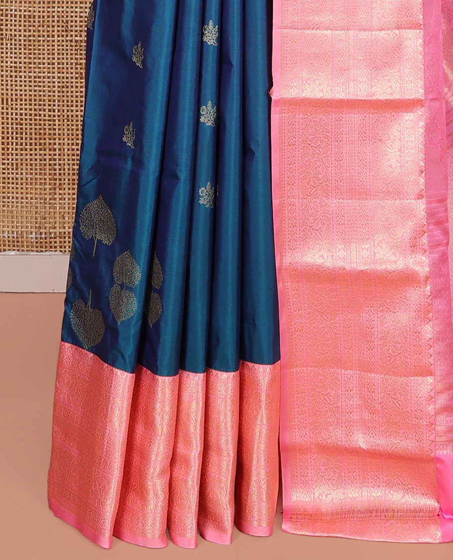 Blue Budget Silk Saree, Beautified with Tree Zari Buttas on Its Body, Complemented by a Contrast Traditional Zari Design Border, Pallu of Intricate Designs, and Paired with a Contrast Blouse - Image 3