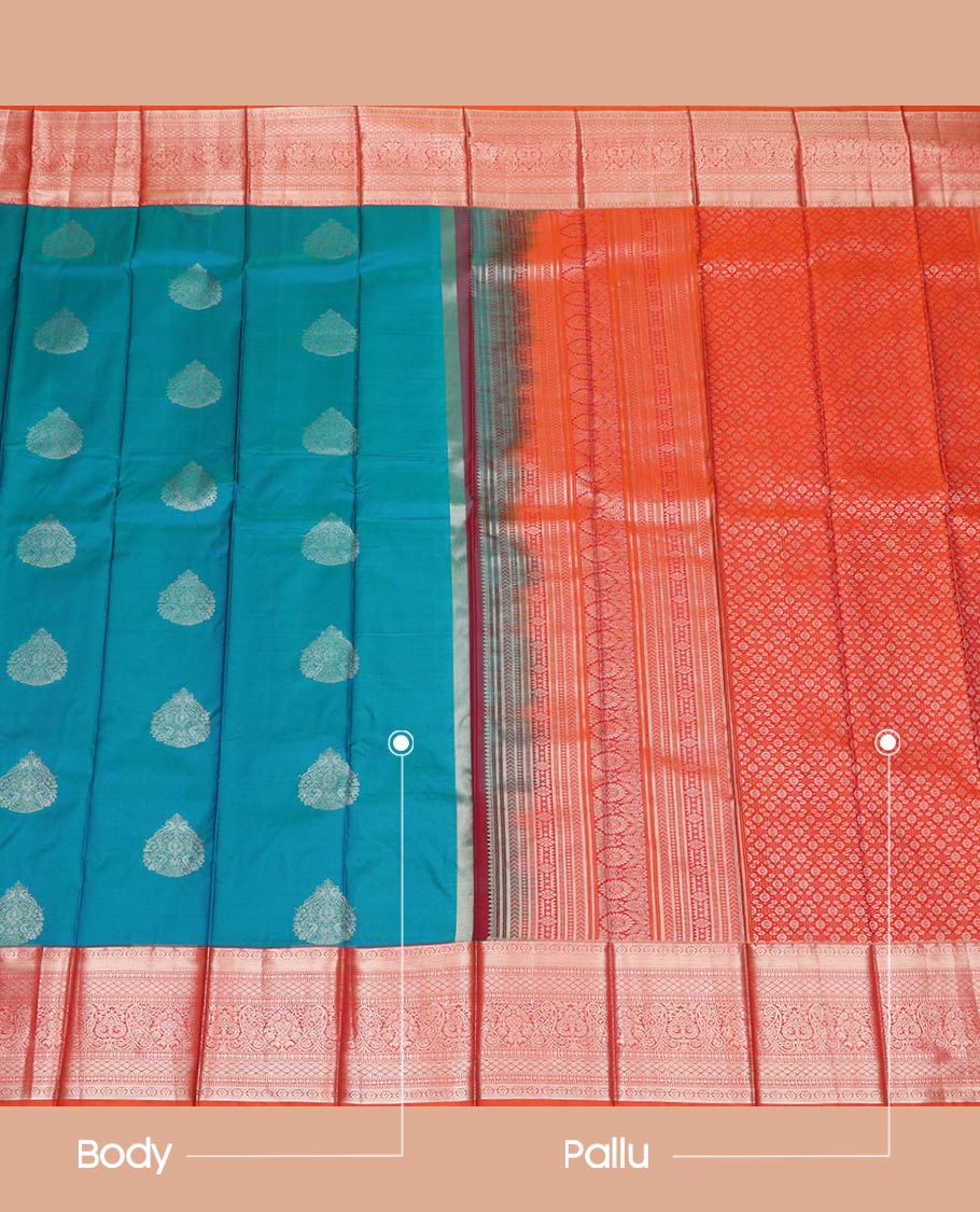 Blue Budget Silk Saree, Beautified with Zari Buttas All Over Its Body, Complemented by a Contrast Traditional Zari Design Border, Intricately Designed Pallu, and Paired with a Contrast Blouse - Image 3