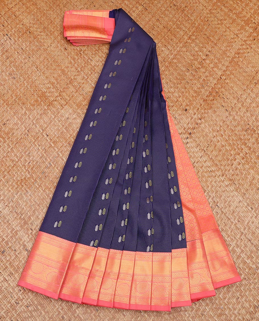 Blue Budget Silk Saree, Beautifully Bedecked with Zari Buttas All Over Its Body, Complemented by a Contrast Traditional Zari Border of Floral Creeper Designs, Grand Jaal Pallu, and Paired with a Contrast Blouse - Image 2