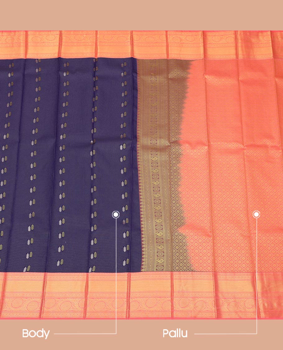 Blue Budget Silk Saree, Beautifully Bedecked with Zari Buttas All Over Its Body, Complemented by a Contrast Traditional Zari Border of Floral Creeper Designs, Grand Jaal Pallu, and Paired with a Contrast Blouse - Image 3