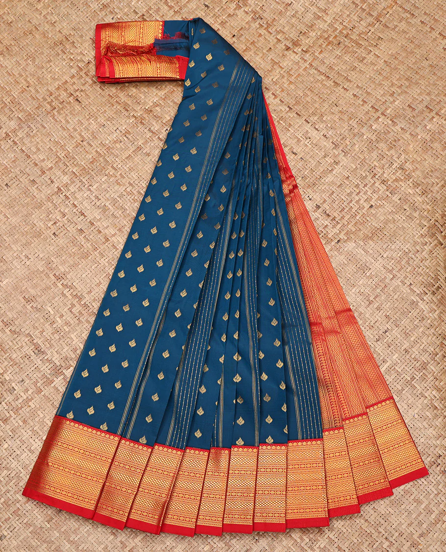 Blue Budget Silk Saree, Beautifully Bedecked with Zari Buttas on Its Body, Complemented by a Contrast Traditional Zari Design Border, Grand Geometric-Patterned Pallu, and Paired with a Contrast Blouse - Image 2