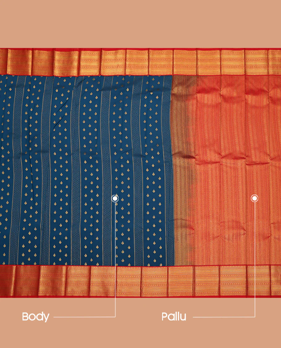 Blue Budget Silk Saree, Beautifully Bedecked with Zari Buttas on Its Body, Complemented by a Contrast Traditional Zari Design Border, Grand Geometric-Patterned Pallu, and Paired with a Contrast Blouse - Image 3