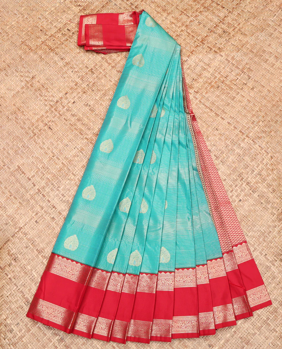 Blue Budget Silk Saree, Bedecked with Zari Buttas and Stripes, Complemented by a Contrast Traditional Zari Design Rettai Pettu Border, Grand Pallu, and a Contrast Blouse - Image 2