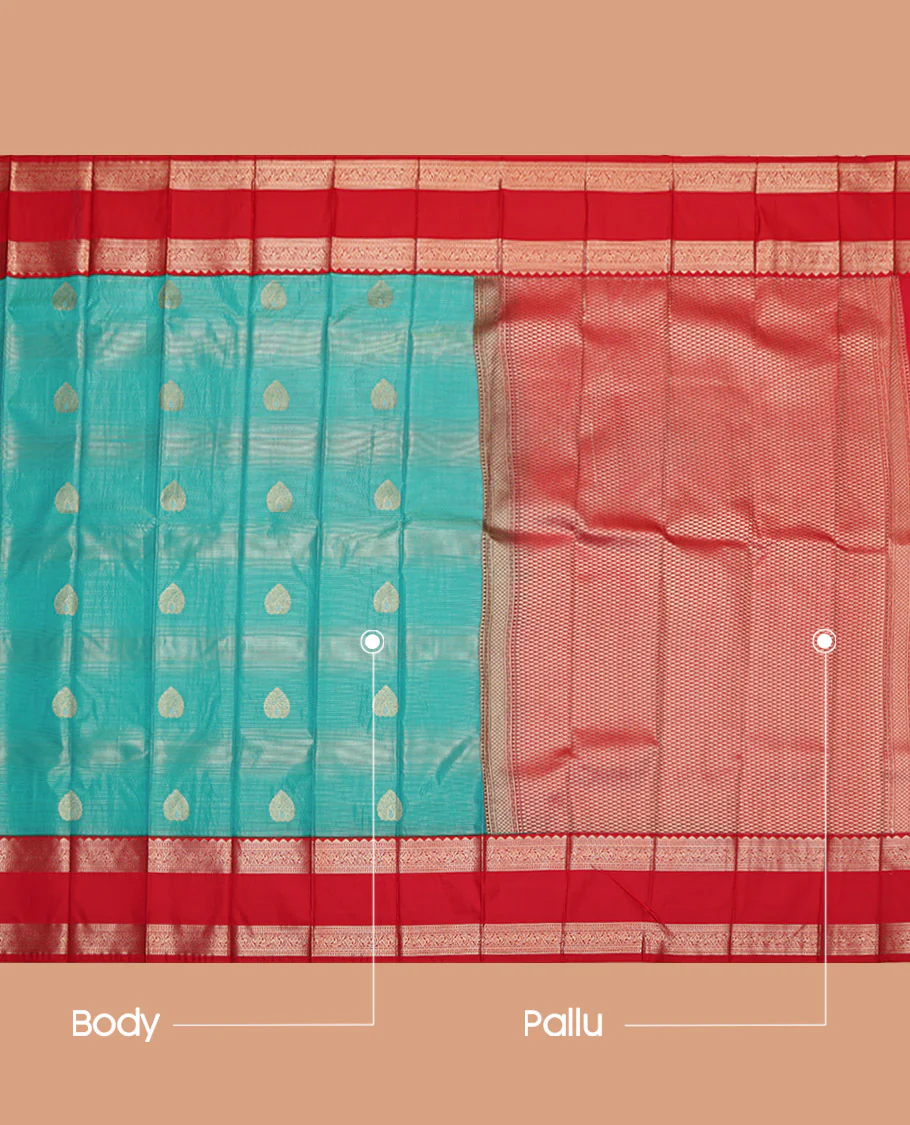 Blue Budget Silk Saree, Bedecked with Zari Buttas and Stripes, Complemented by a Contrast Traditional Zari Design Rettai Pettu Border, Grand Pallu, and a Contrast Blouse - Image 3