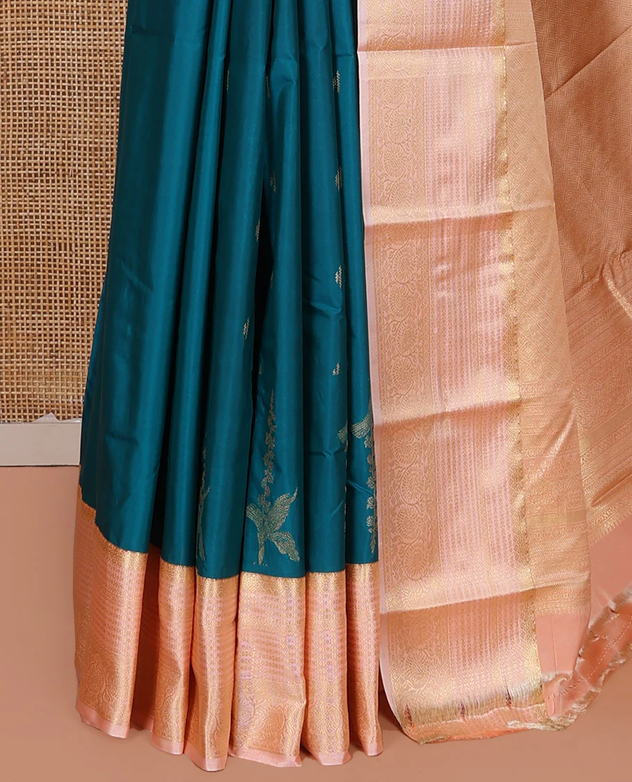 Blue Budget Silk Saree, Bedecked with Zari Buttas on Its Body, Complemented by a Contrast Traditional Zari Design Border, Grand Jaal Pallu, and Paired with a Contrast Blouse - Image 3