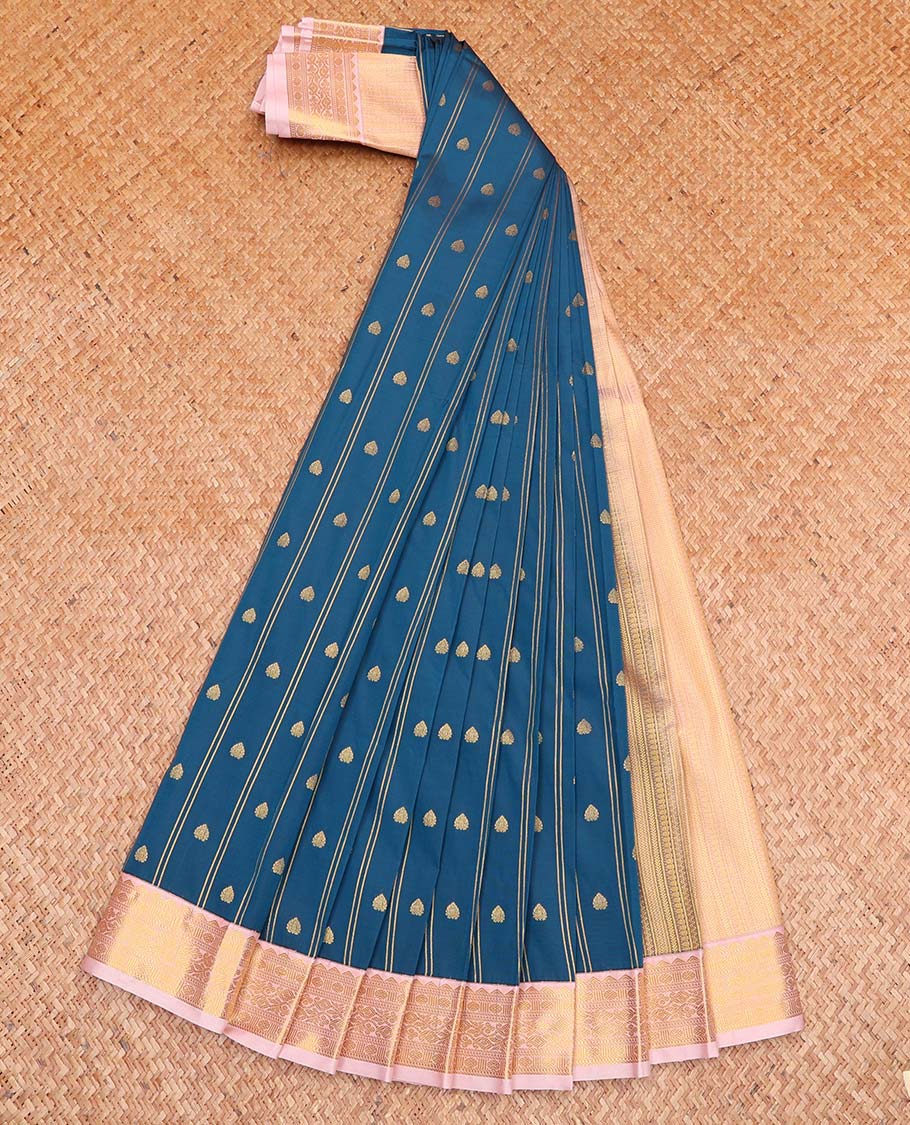 Blue Budget Silk Saree, Boldly Accentuated with Zari Buttas and Stripes All Over Its Body, Complemented by a Contrast Traditional Zari Design Border, Grand Geometric-Patterned Pallu, and Paired with a Contrast Blouse - Image 2