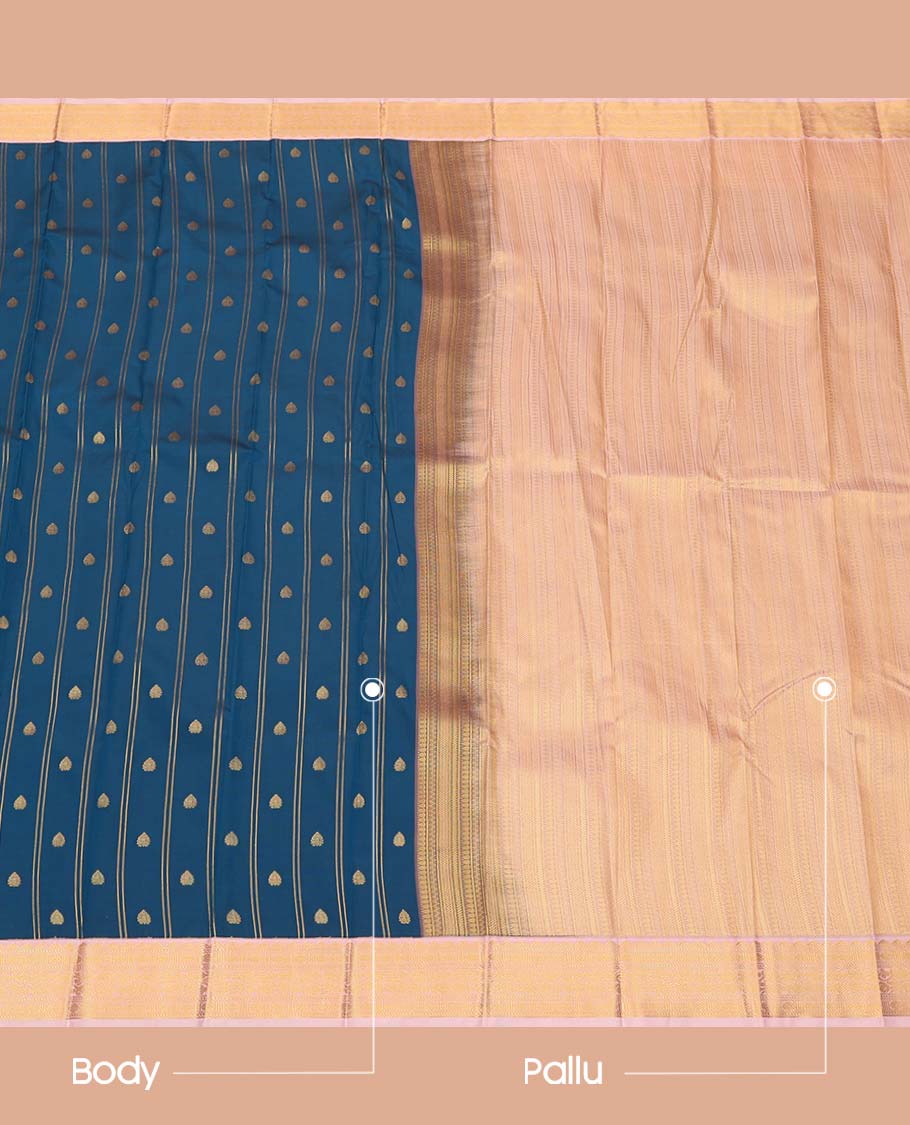 Blue Budget Silk Saree, Boldly Accentuated with Zari Buttas and Stripes All Over Its Body, Complemented by a Contrast Traditional Zari Design Border, Grand Geometric-Patterned Pallu, and Paired with a Contrast Blouse - Image 3
