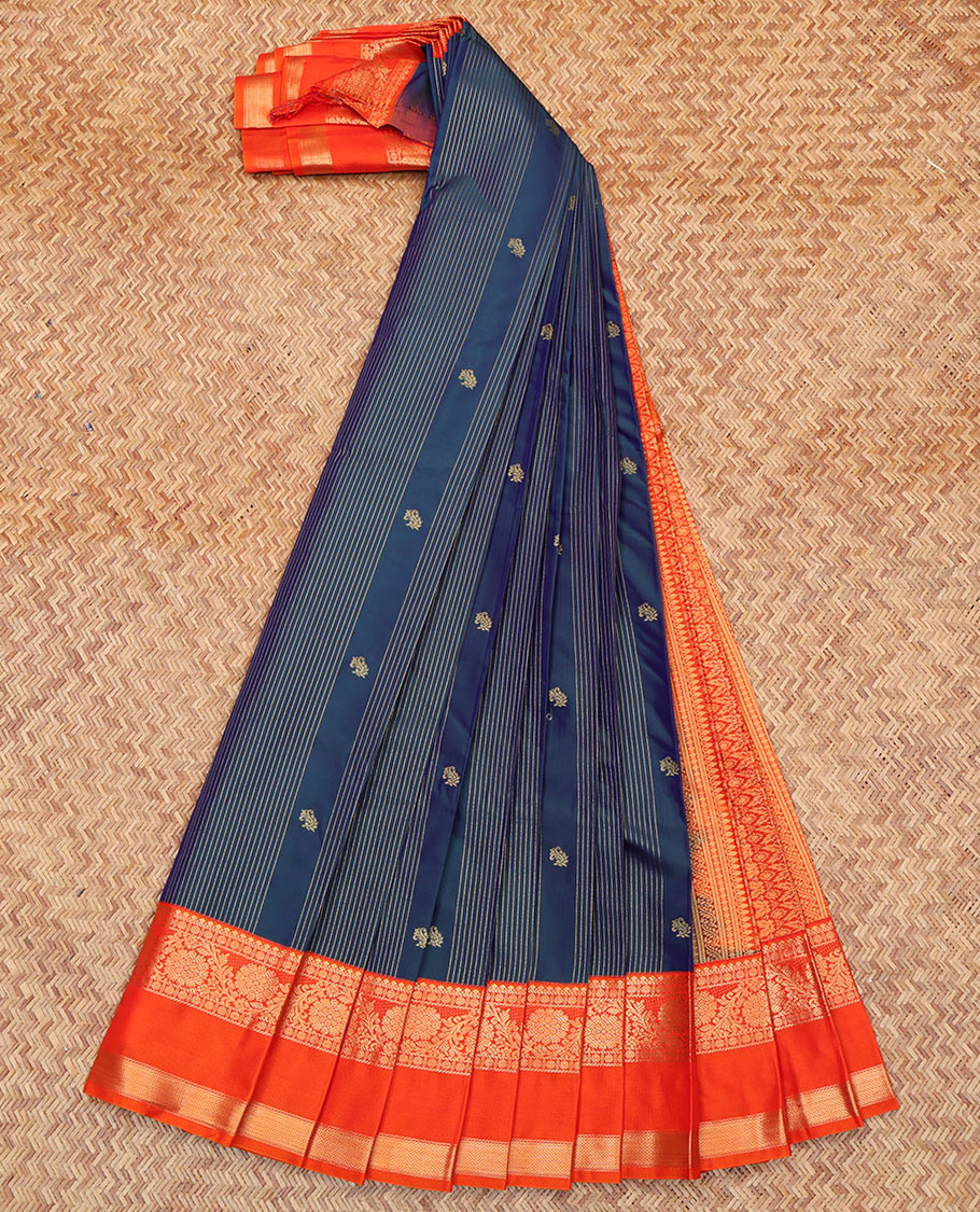 Blue Budget Silk Saree, Dazzled with Zari Buttas and Zari Stripes All Over Its Body, Complemented by a Contrast Traditional Zari Design Rettai Pettu Border, Intricate Pallu, and Paired with a Contrast Blouse - Image 2