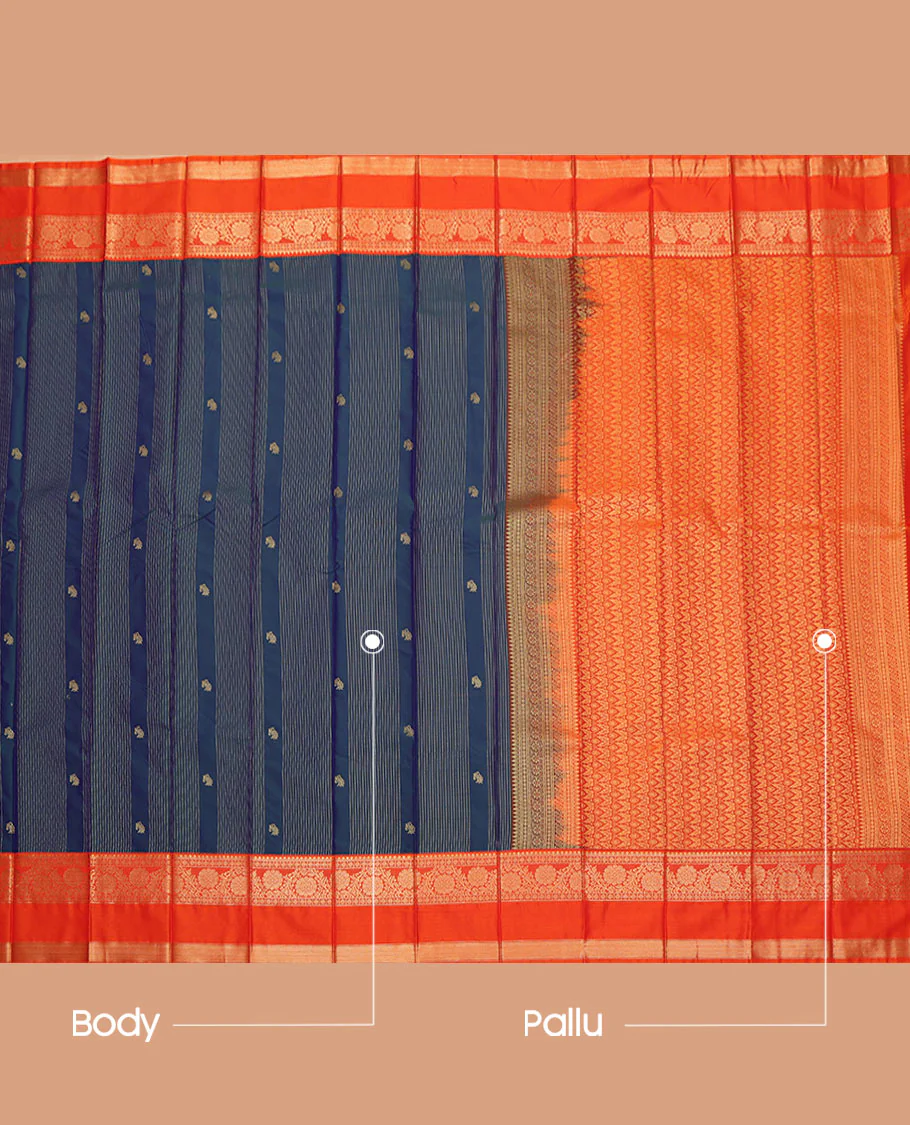 Blue Budget Silk Saree, Dazzled with Zari Buttas and Zari Stripes All Over Its Body, Complemented by a Contrast Traditional Zari Design Rettai Pettu Border, Intricate Pallu, and Paired with a Contrast Blouse - Image 3