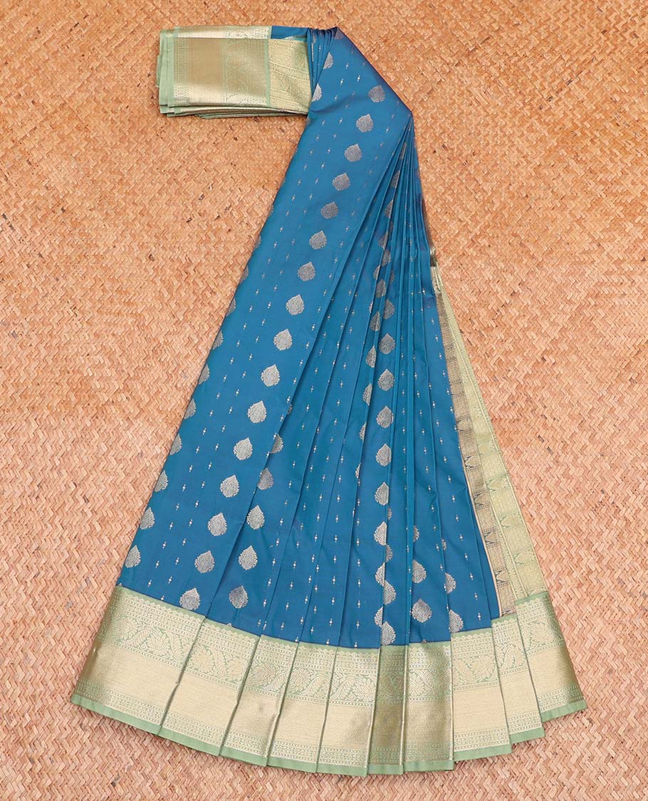 Blue Budget Silk Saree, Decked Up with Zari Buttas All Over Its Body, Complemented by a Contrast Traditional Zari Design Border, Intricately Designed Pallu, and Paired with a Contrast Blouse - Image 2