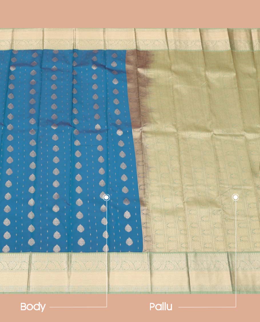 Blue Budget Silk Saree, Decked Up with Zari Buttas All Over Its Body, Complemented by a Contrast Traditional Zari Design Border, Intricately Designed Pallu, and Paired with a Contrast Blouse - Image 3