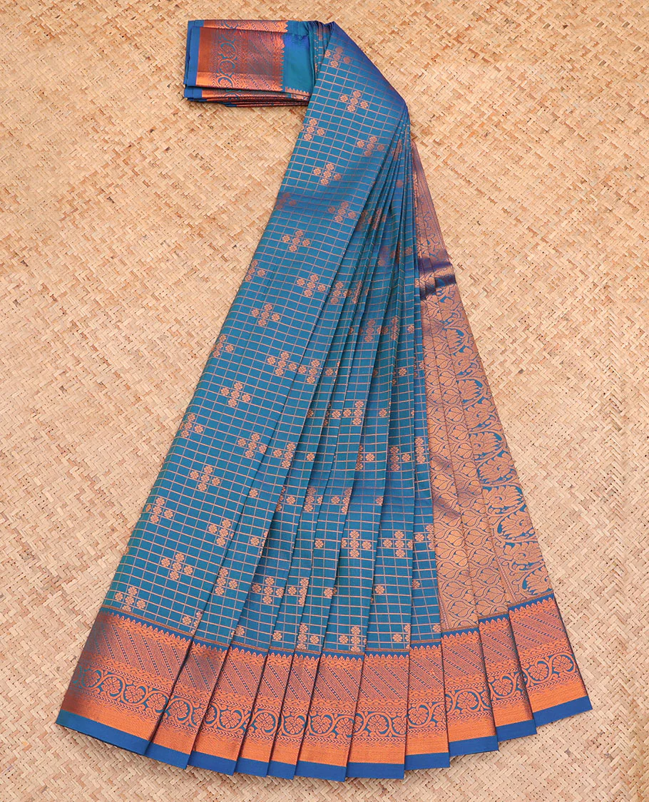 Blue Budget Silk Saree, Decked Up with Zari Buttas and Checks All Over Its Body, Highlighted by a Traditional Zari Design Border, Ogee-Patterned Pallu, and Paired with a Matching Blouse - Image 2