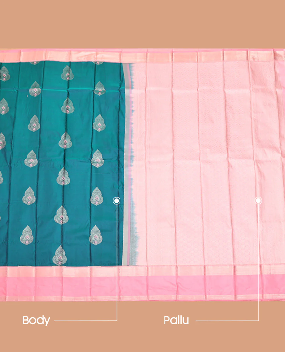 Blue Budget Silk Saree, Decked Up with Zari Buttas, Captivating Contrast Traditional Zari Design Rettai Pettu Border, Jaal Pallu, and Has a Contrast Blouse - Image 3