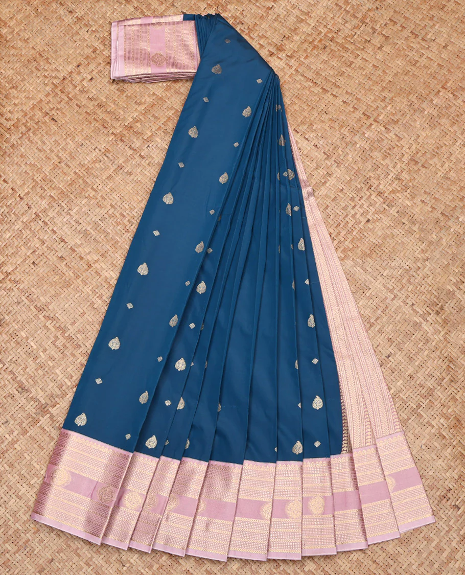 Blue Budget Silk Saree, Decked Up with Zari Buttas, Complemented by a Contrast Traditional Zari Design Border, Geometric Pallu, and a Contrast Blouse - Image 2