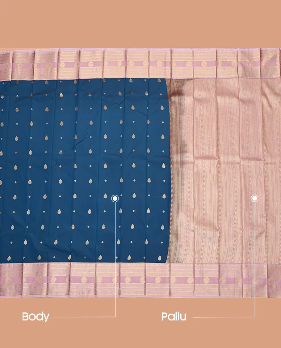 Blue Budget Silk Saree, Decked Up with Zari Buttas, Complemented by a Contrast Traditional Zari Design Border, Geometric Pallu, and a Contrast Blouse - Image 3