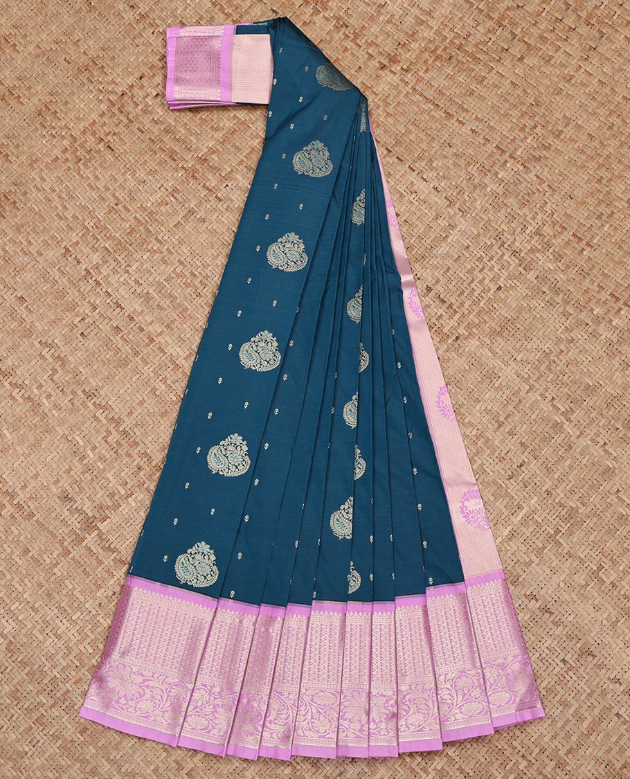 Blue Budget Silk Saree, Decked Up with Zari Buttas on Its Body, Complemented by a Contrast Traditional Zari Design Border, Intricately Designed Pallu, and Paired with a Contrast Blouse - Image 2