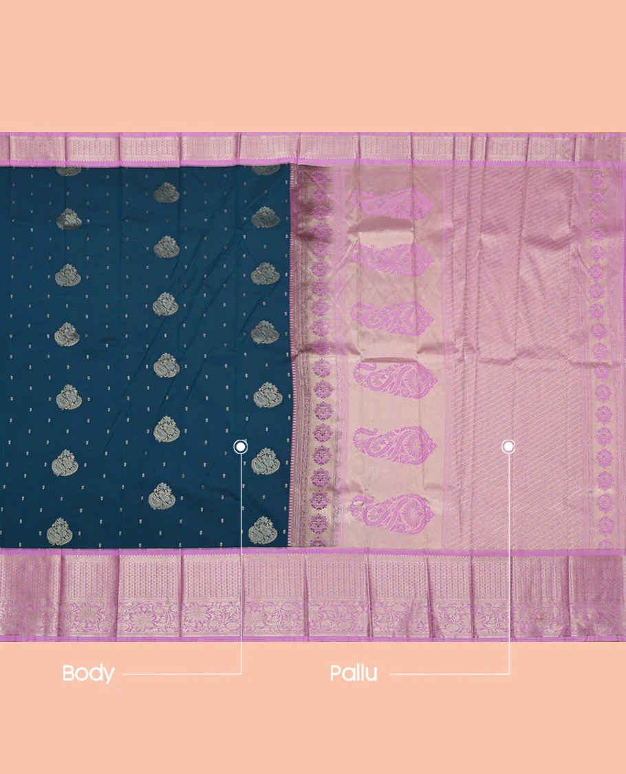 Blue Budget Silk Saree, Decked Up with Zari Buttas on Its Body, Complemented by a Contrast Traditional Zari Design Border, Intricately Designed Pallu, and Paired with a Contrast Blouse - Image 3