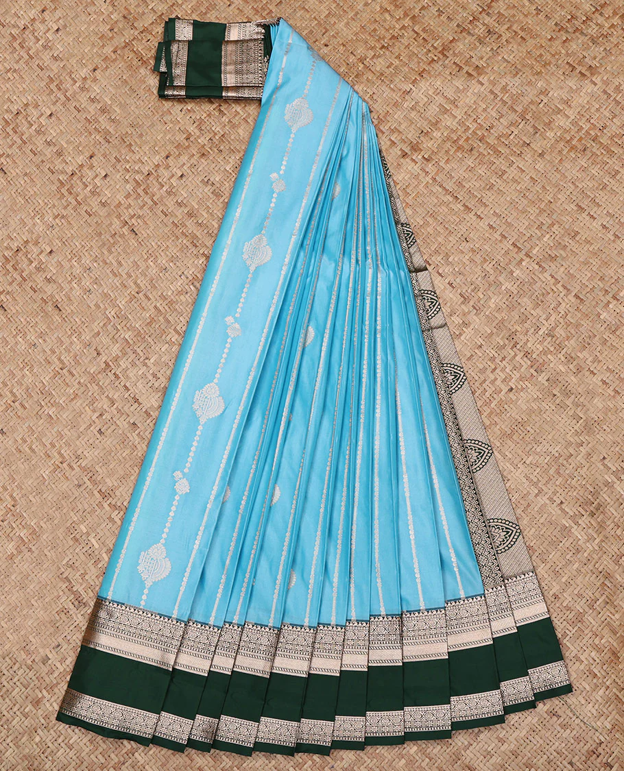 Blue Budget Silk Saree, Decked Up with Zari Designs All Over Its Body, Complemented by a Contrast Traditional Zari Design Rettai Pettu Border, Intricate Pallu, and Paired with a Contrast Blouse - Image 2