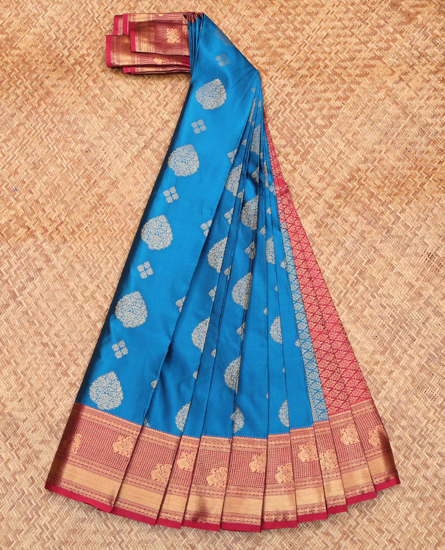 Blue Budget Silk Saree, Decorated with Zari Buttas All Over Its Body, Complemented by a Contrast Traditional Zari Design Border, Intricate Jaal Patterned Pallu, and Paired with a Contrast Blouse - Image 2