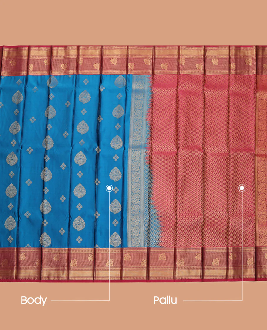 Blue Budget Silk Saree, Decorated with Zari Buttas All Over Its Body, Complemented by a Contrast Traditional Zari Design Border, Intricate Jaal Patterned Pallu, and Paired with a Contrast Blouse - Image 3