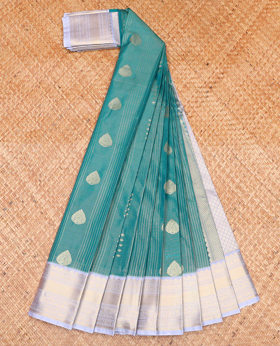 Blue Budget Silk Saree, Decorated with Zari Buttas and Zari Checks on Its Body, Complemented by a Contrast Traditional Zari Design Border, Grand Jaal Pallu, and Paired with a Contrast Blouse - Image 2