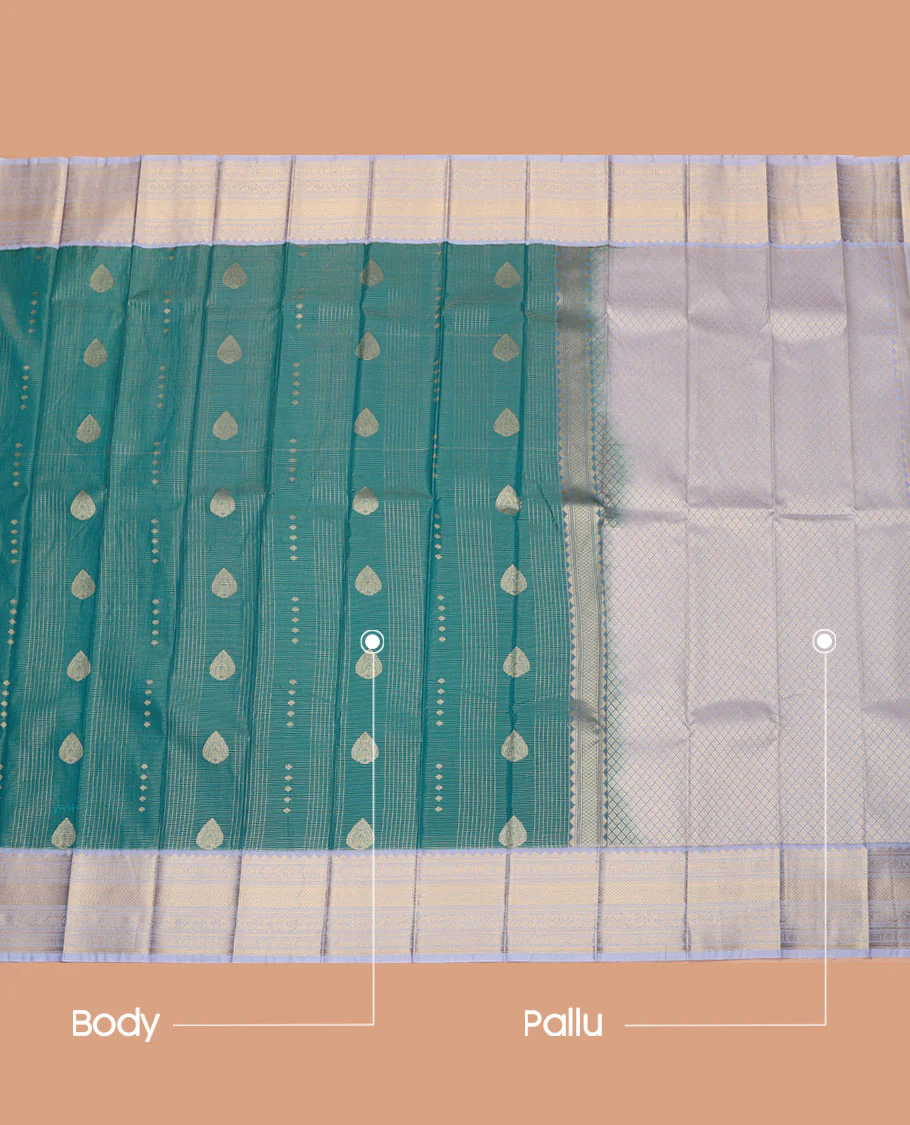 Blue Budget Silk Saree, Decorated with Zari Buttas and Zari Checks on Its Body, Complemented by a Contrast Traditional Zari Design Border, Grand Jaal Pallu, and Paired with a Contrast Blouse - Image 3