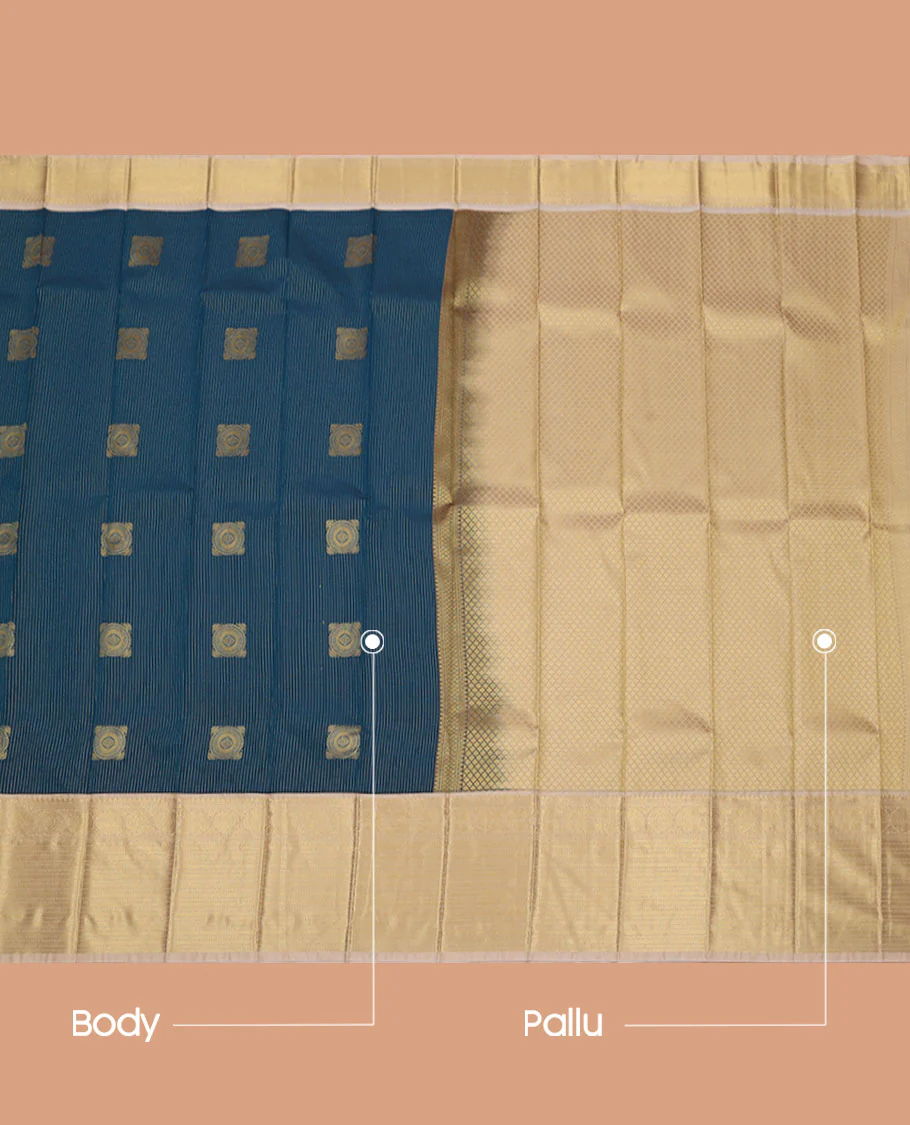 Blue Budget Silk Saree, Designed with Zari Stripes and Square-Shape Zari Buttas All Over Its Body, Complemented by a Contrast Traditional Zari Design Border, Pallu Woven with Jaal Designs, and Paired with a Contrast Blouse - Image 3